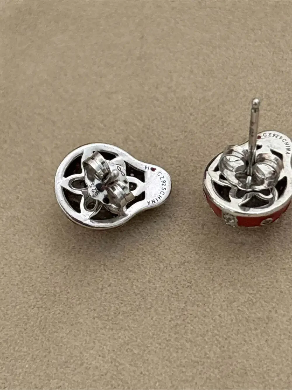 Sterling Silver 925 Red & Black ENAMEL LADYBUG Stud Earrings Cubic Zirconia CZ